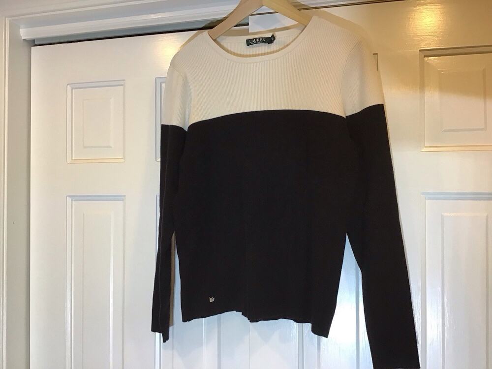 Ralph Lauren Women XL Cream Black Minimalist Capsule Ribbed Knit Top Logo Preppy